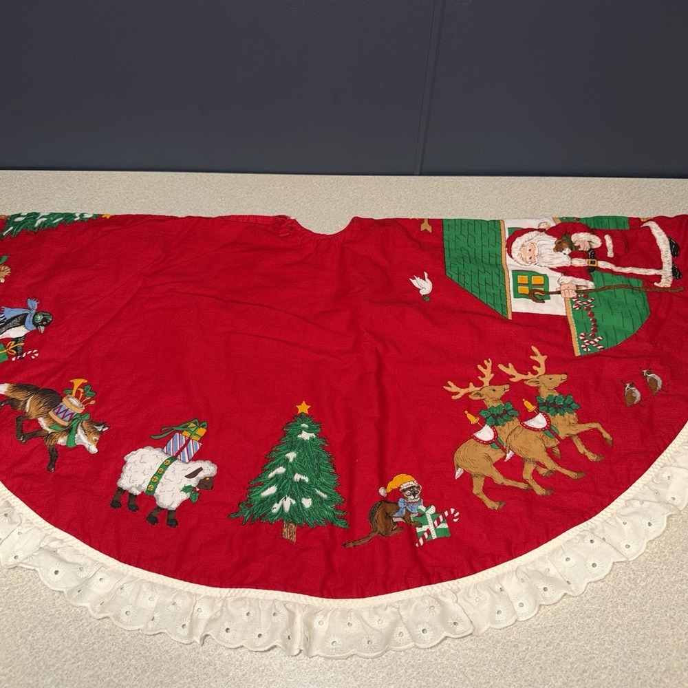 Vtg Country Geese 3ft Red Christmas Tree Skirt Bears Bows Ruffle Edge Red 80s